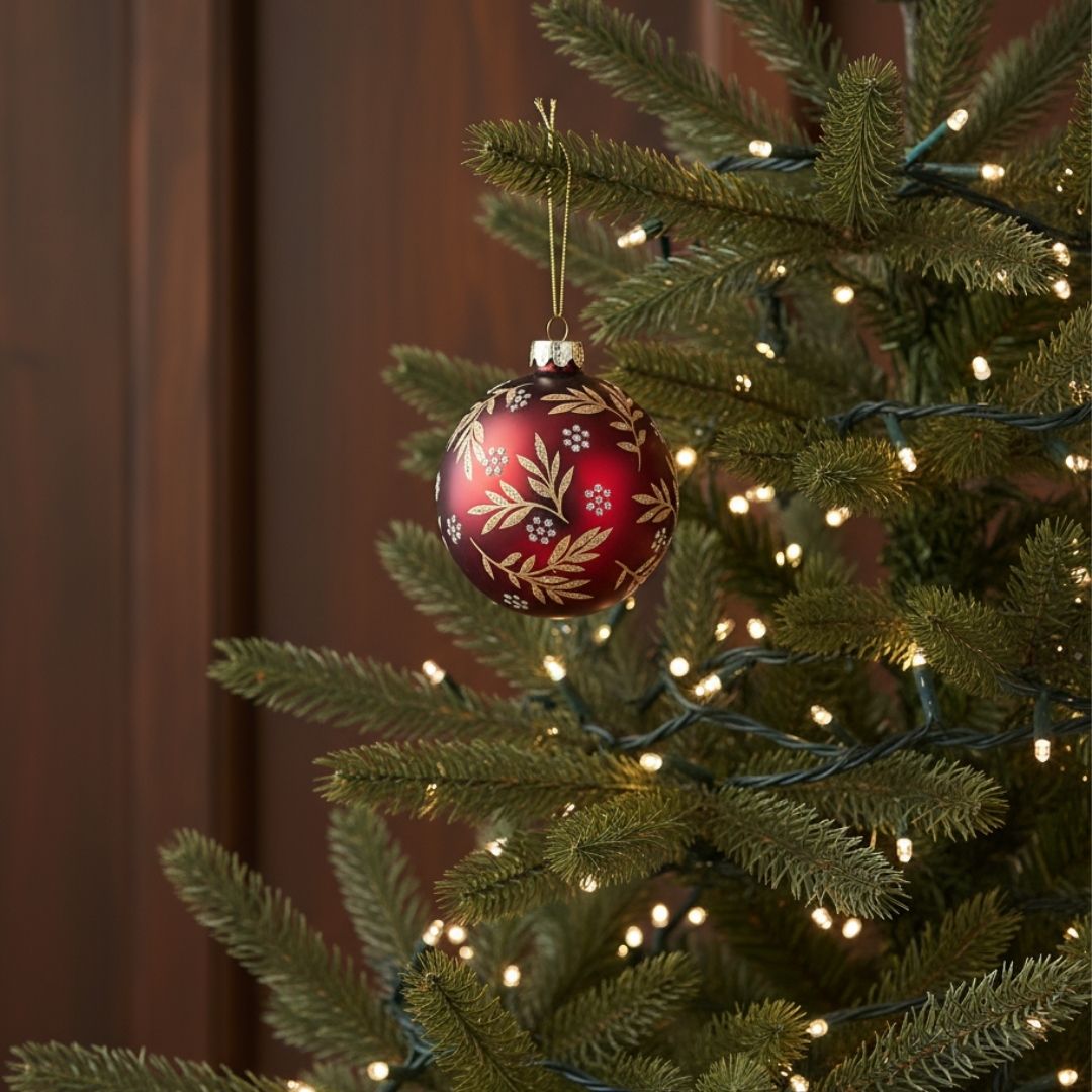 Christmas Glass Bauble - Matt Red Gold Leaf Spray