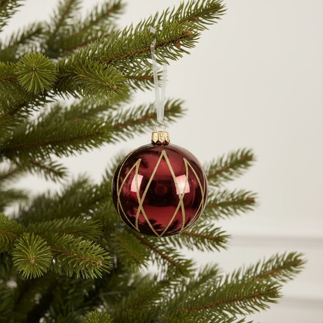 Christmas Glass Bauble Oxblood/Gold Lines