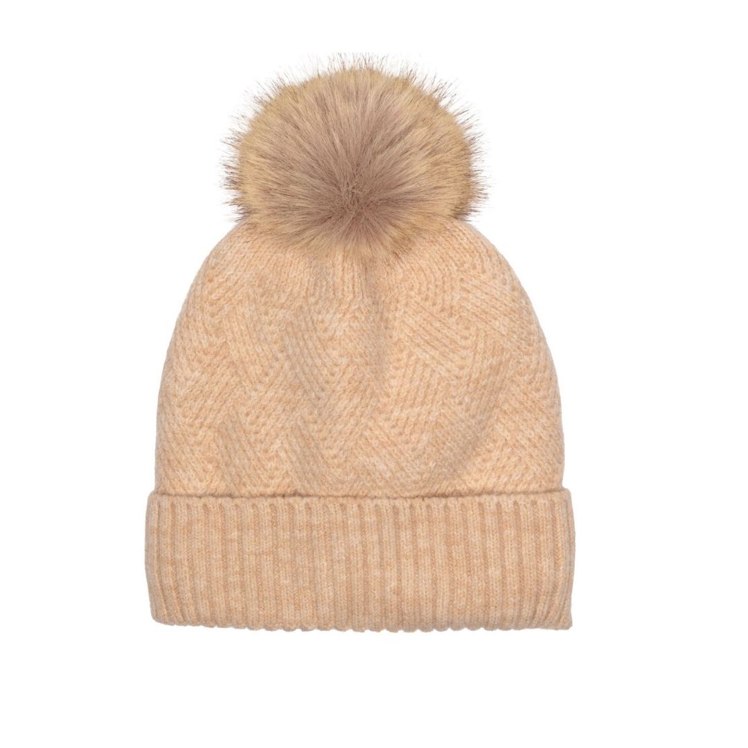 Knitted Weave Pom Pom Hat Oat
