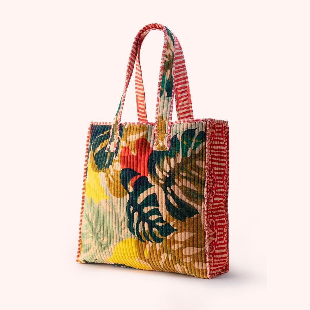 Lux Velvet Quilted Tote - Exotic Leaves