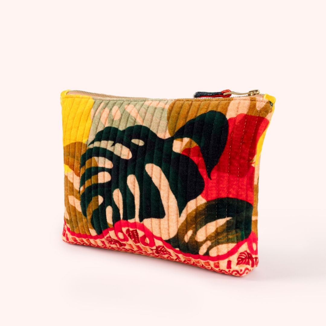 Quilted Velvet Zip Pouch - Exotic Leaves