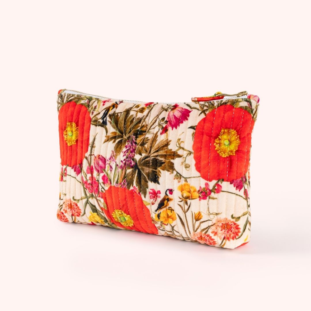 Quilted Velvet Zip Pouch - Fine Flowers Cream