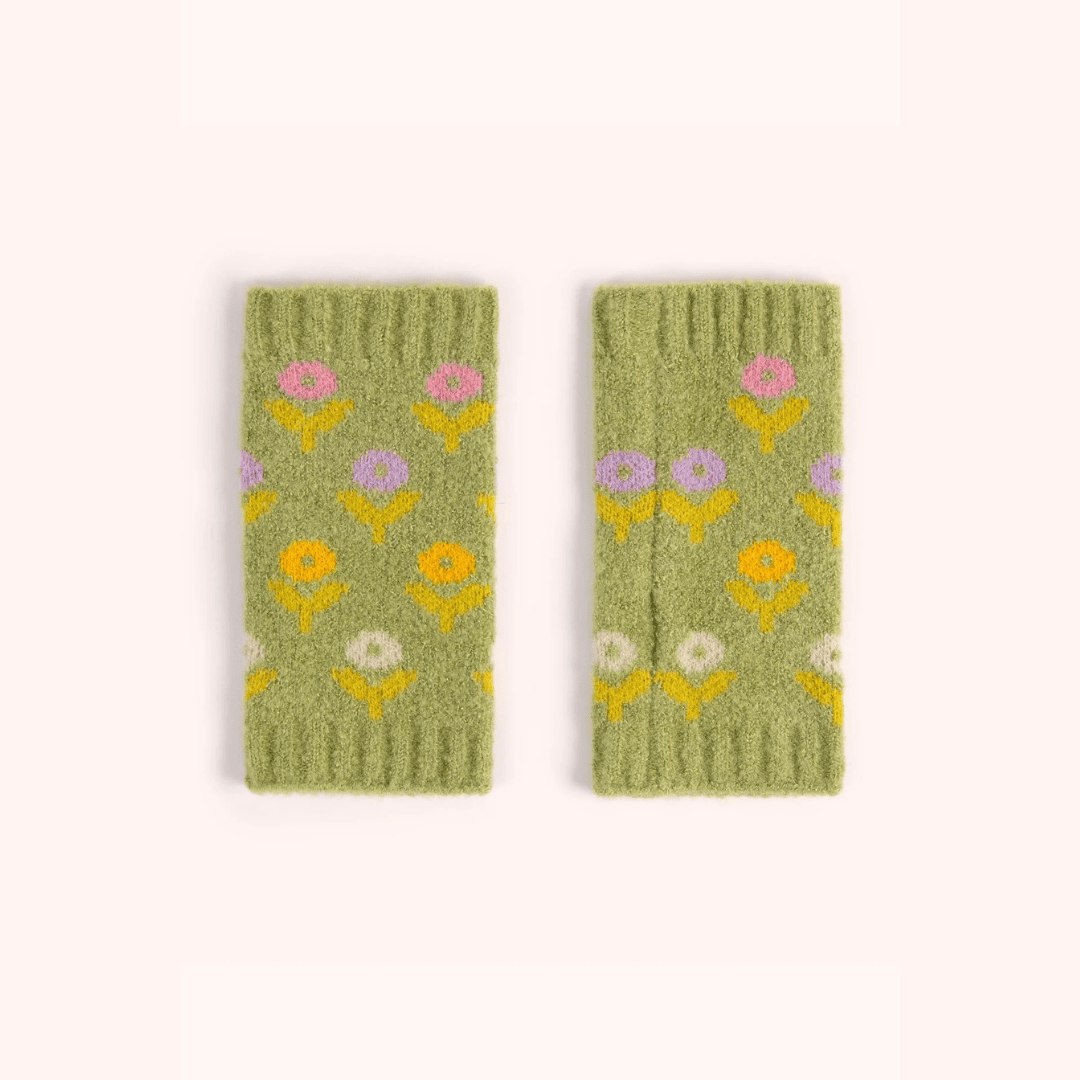 Willow Ditsy Flower Pompom Wrist Warmers - Sage