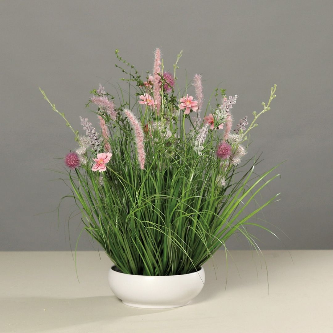 Artificial Pink Meadow Flowers in Bowl 50cm