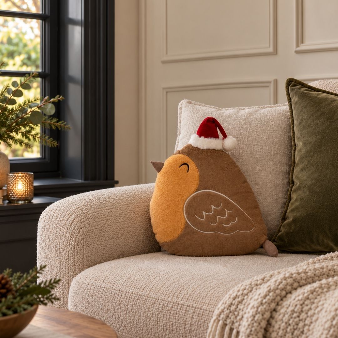 Christmas Cushion Robin Santa Hat