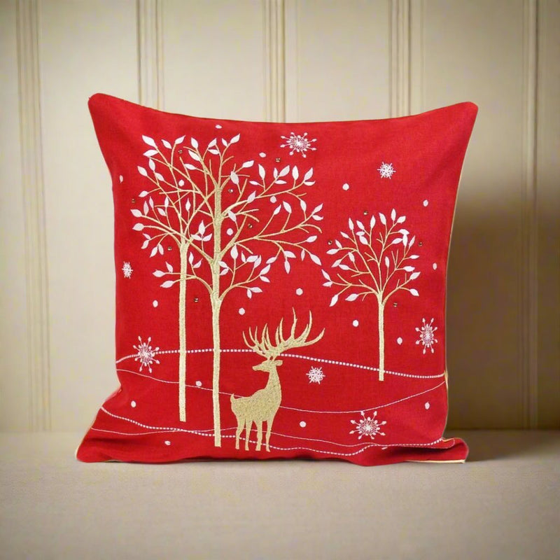 Christmas Cushion Shimmer Stag - Red