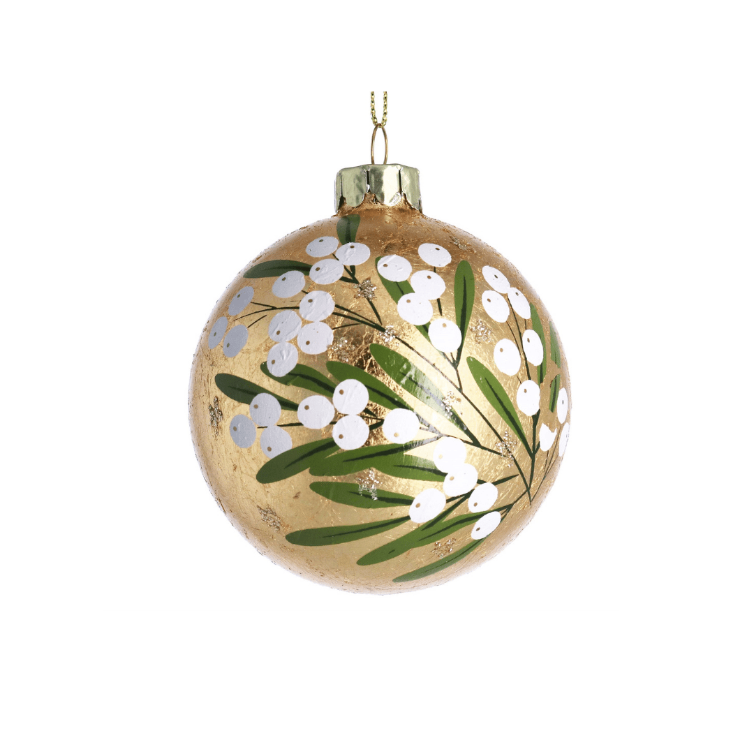 Christmas Glass Bauble - Gold Leaf With Mistletoe