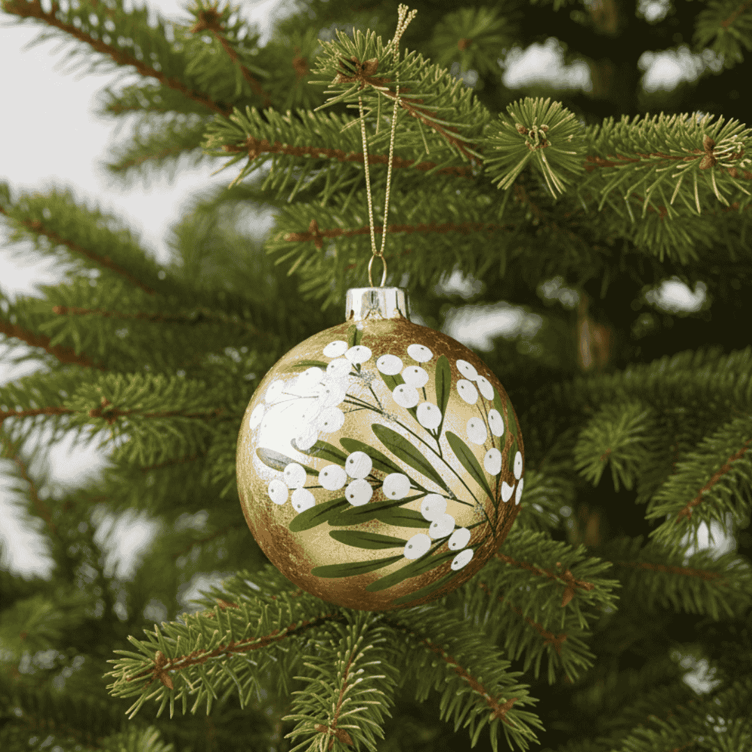 Christmas Glass Bauble - Gold Leaf With Mistletoe