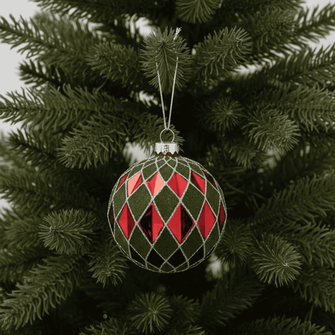 Christmas Glass Bauble - Green Flock/Red Harlequin