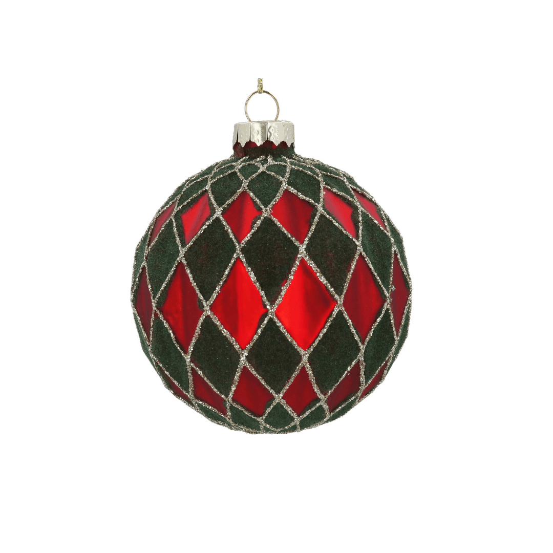 Christmas Glass Bauble - Green Flock/Red Harlequin
