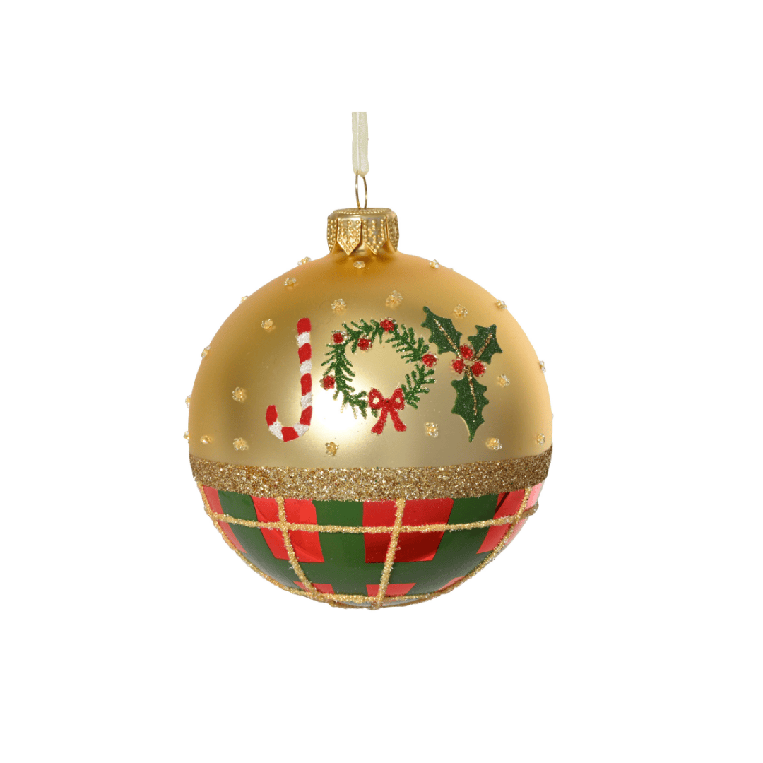 Christmas Glass Bauble Joy Gold/Check