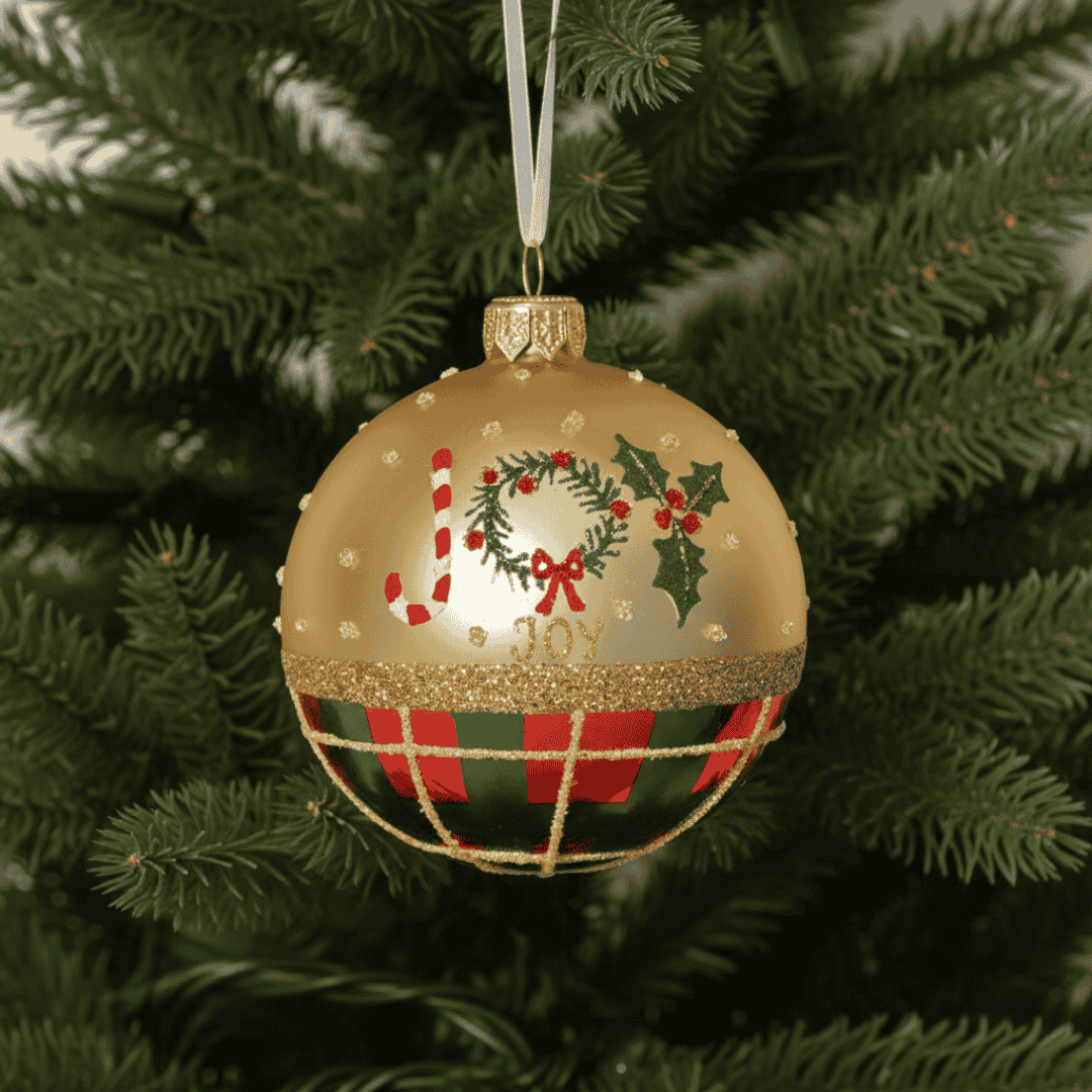Christmas Glass Bauble Joy Gold/Check