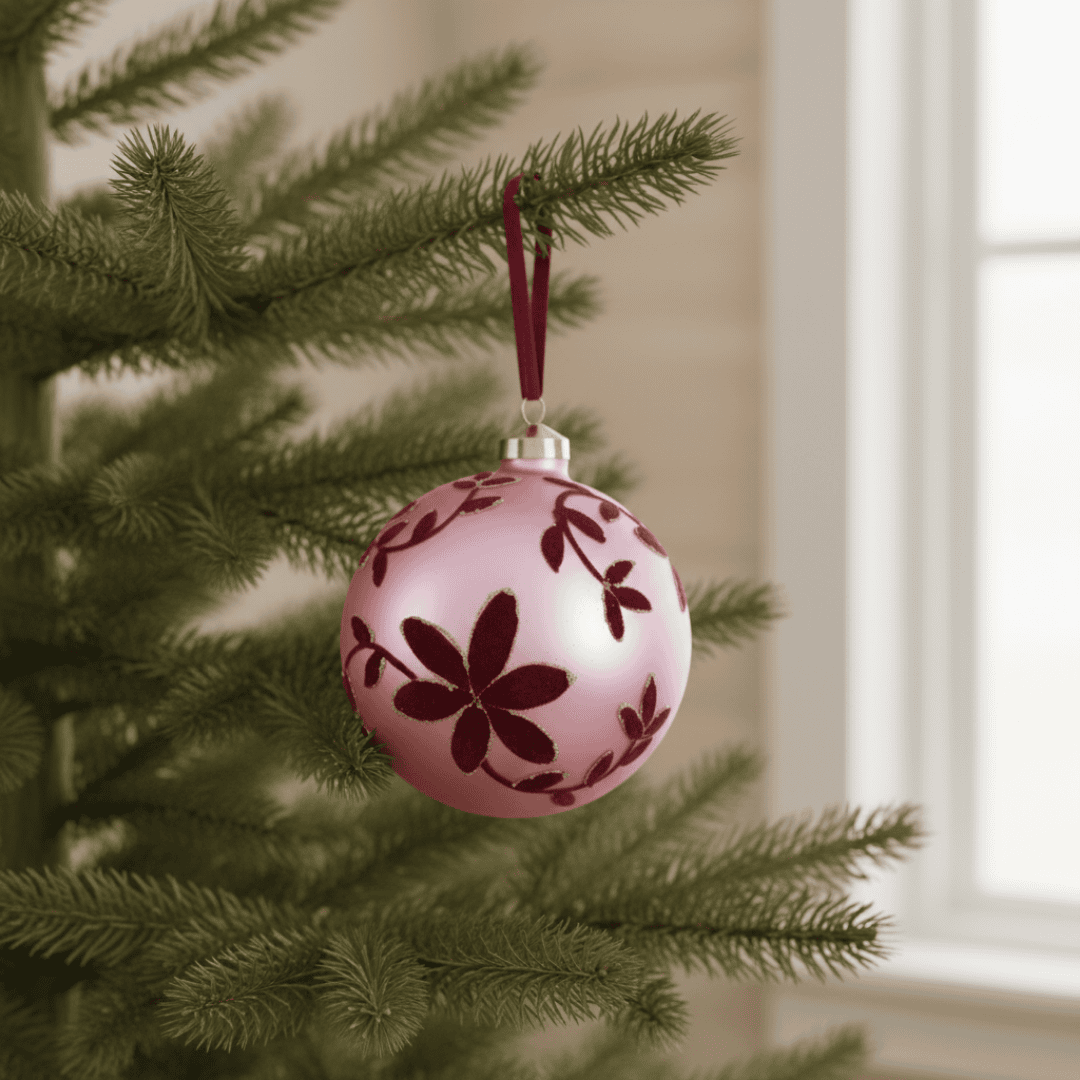 Christmas Glass Bauble Matt Pink Velvet Leaves