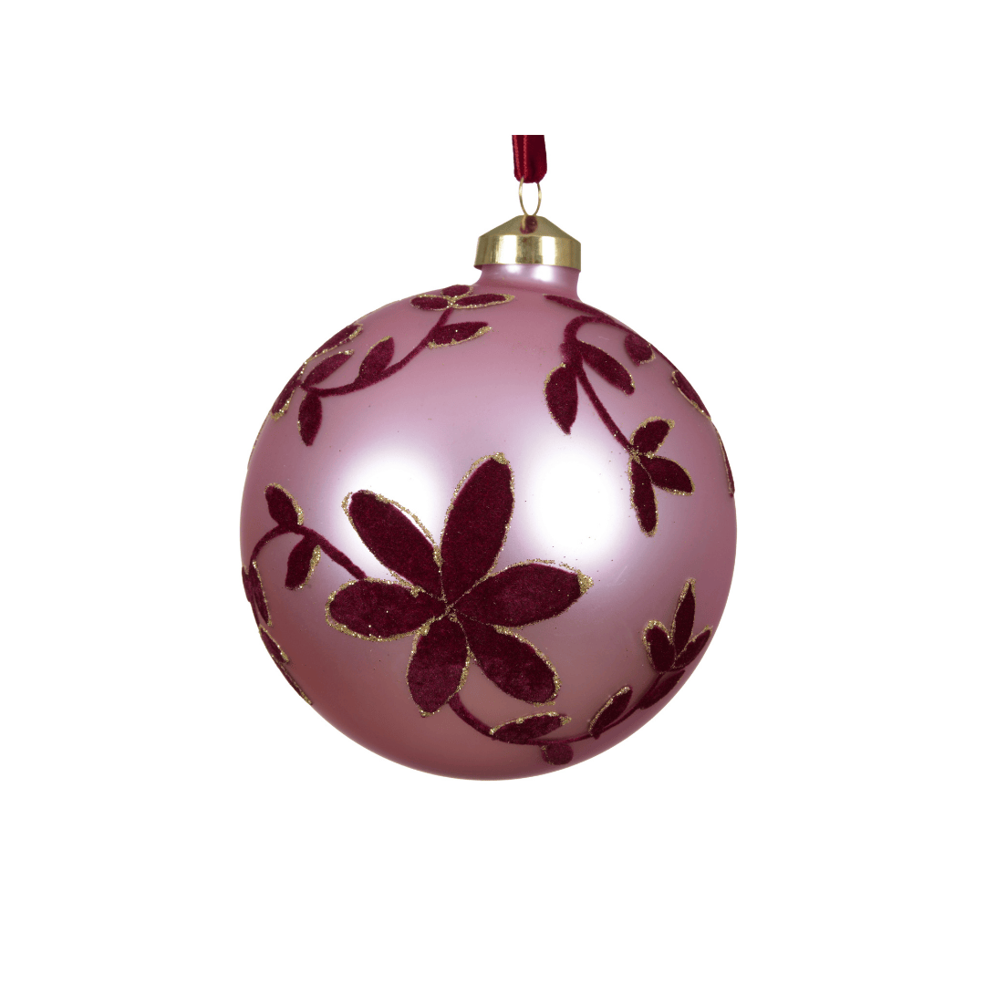 Christmas Glass Bauble Matt Pink Velvet Leaves