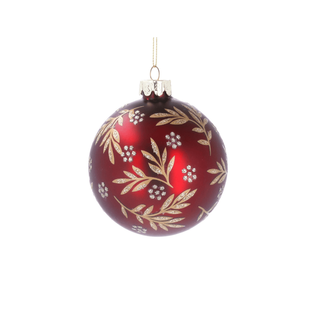 Christmas Glass Bauble - Matt Red Gold Leaf Spray