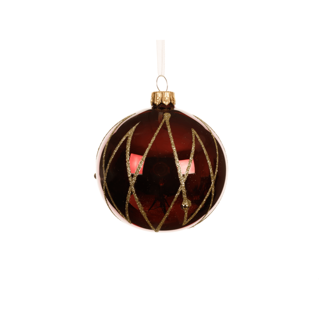 Christmas Glass Bauble Oxblood/Gold Lines