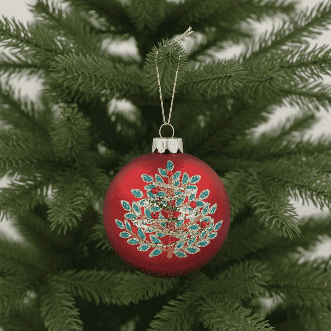Christmas Glass Bauble - Red Glitter Tree
