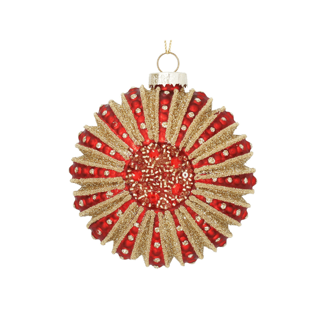 Christmas Glass Bauble - Red Gold Ornate Disc
