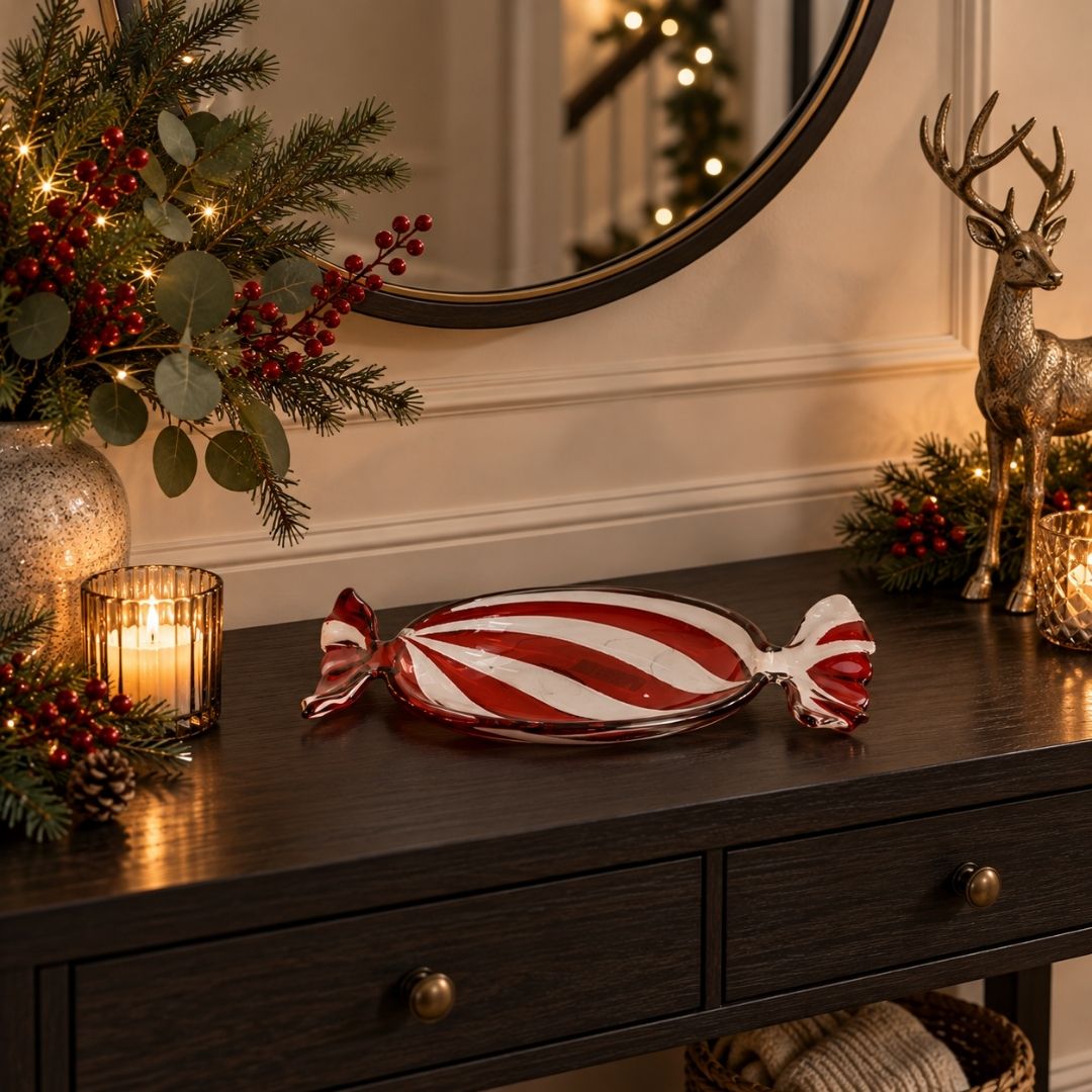 Christmas Glass Bowl Candy Red/White