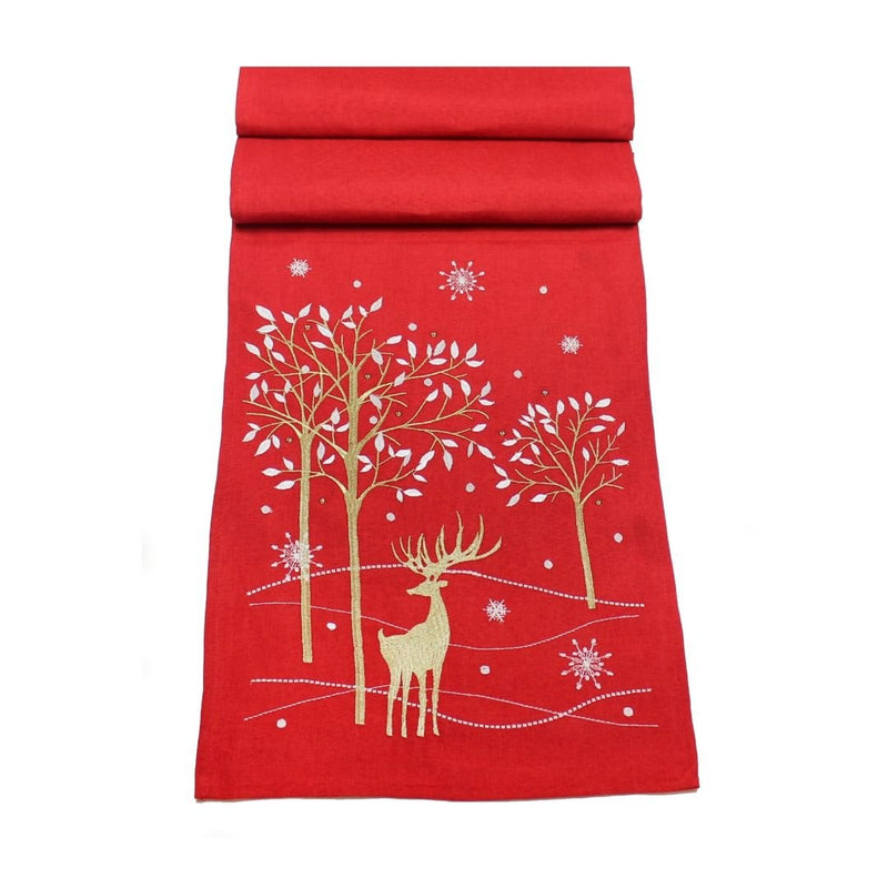 Christmas Table Runner Shimmer Stag - Red