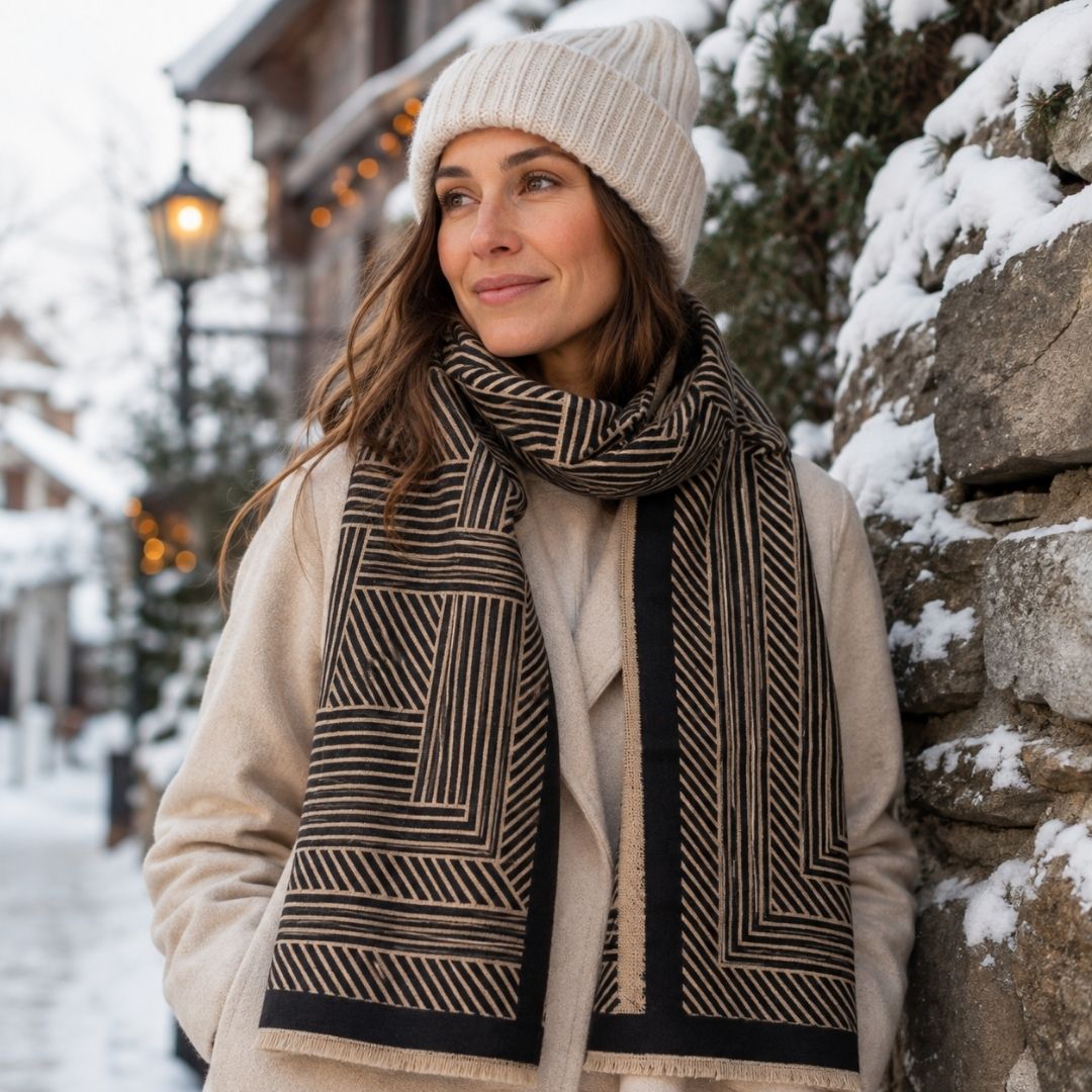Winter Scarf Black & Sand Geometric