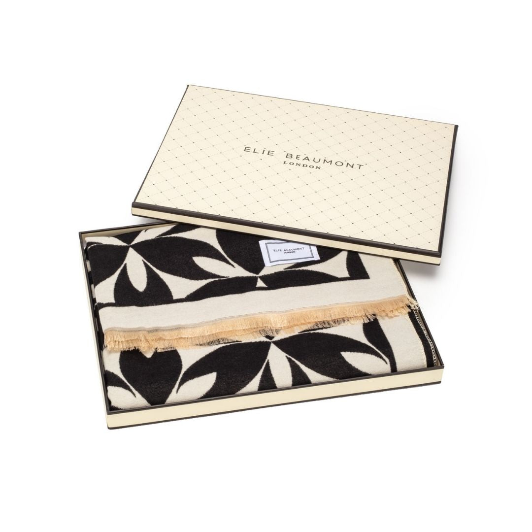 Winter Scarf Black Ivory Abstract Petals