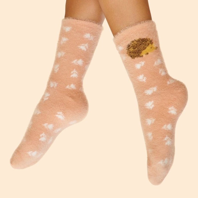 Happy Hedgehog Fuzzy Slipper Socks - Petal