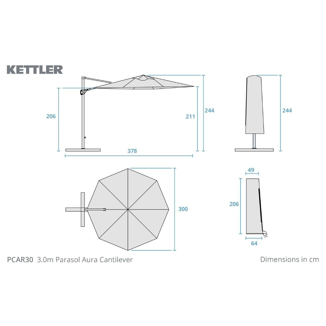Kettler Aura Free Arm Round Parasol 3m - Stone