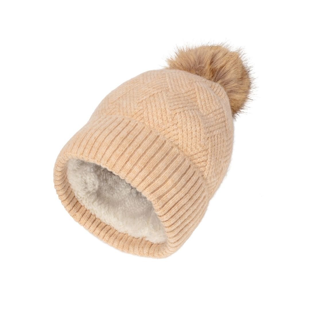 Knitted Weave Pom Pom Hat Oat