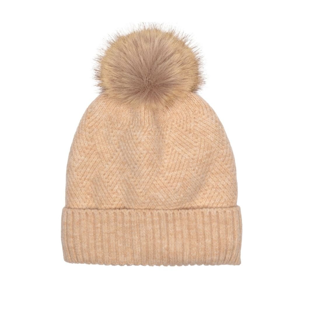 Knitted Weave Pom Pom Hat Oat