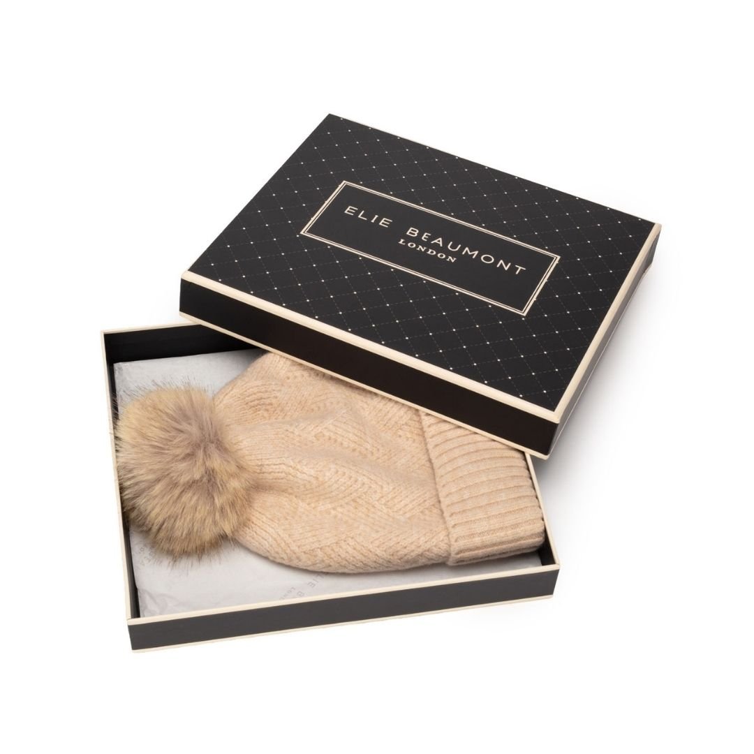 Knitted Weave Pom Pom Hat Oat