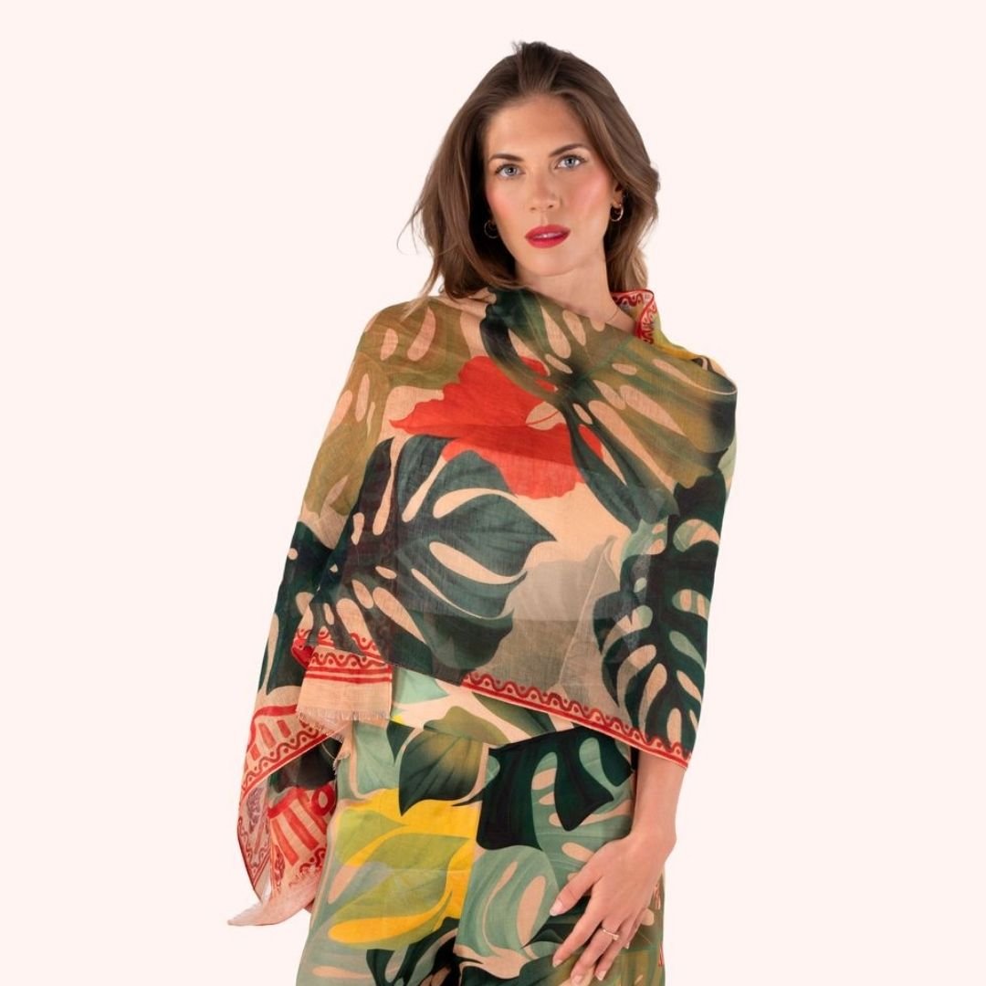 Linen/Cotton Mix Scarf - Exotic Leaves