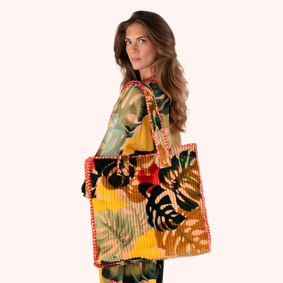 Lux Velvet Quilted Tote - Exotic Leaves