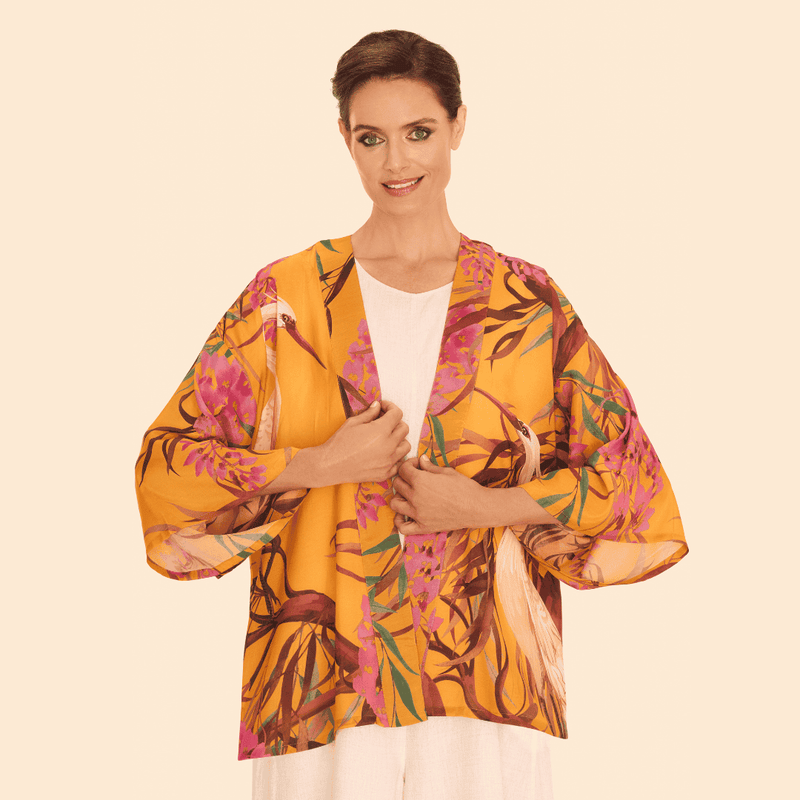 Oriental Crane Kimono Jacket Ochre