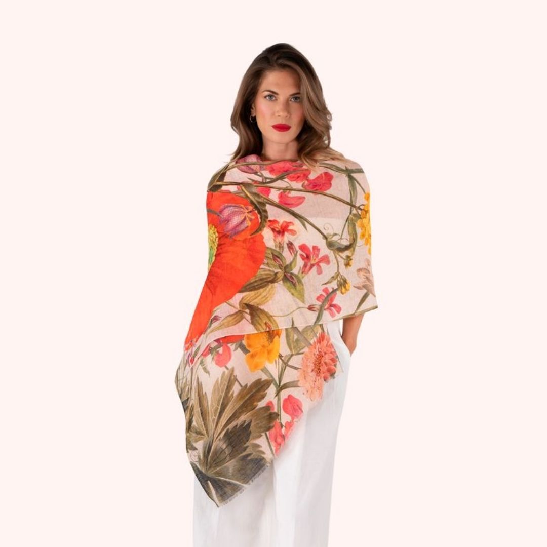 Linen/Cotton Mix Scarf Fine Flowers - Cream