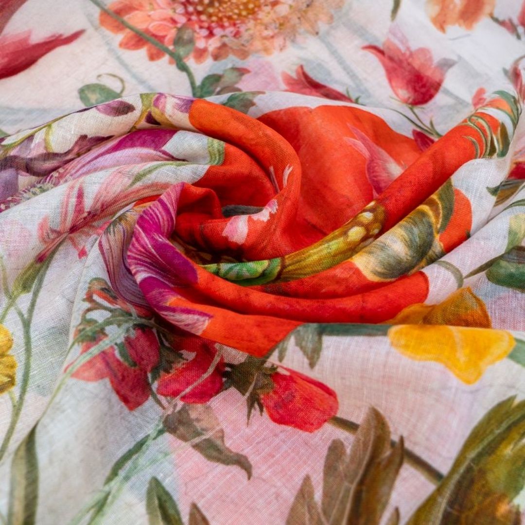 Linen/Cotton Mix Scarf Fine Flowers - Cream