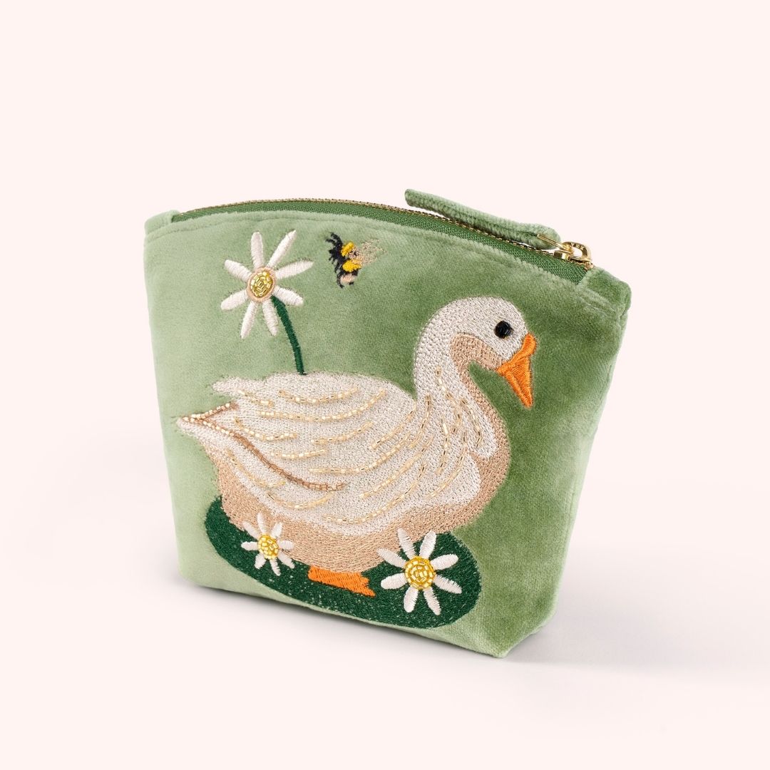 Embroidered Velvet Mini Pouch - Garden Goose