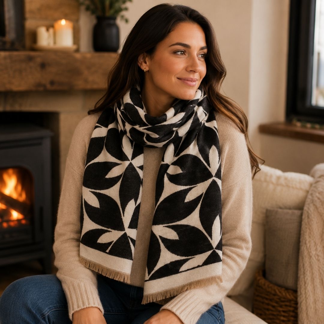 Winter Scarf Black Ivory Abstract Petals